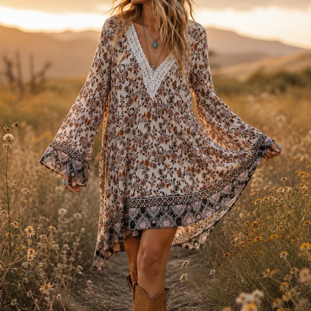 Belle du Jour Womens Floral Boho Lace Up V-Neck Sharkbite Hem Tunic Top Cream M